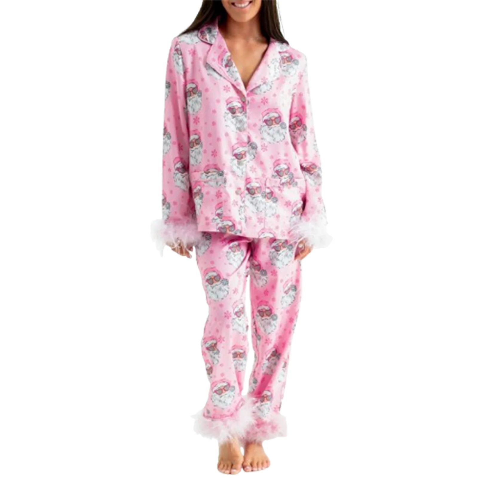 Women Christmas Pajamas Set Santa Print Lapel Neck Button-up Long Sleeve Tops Long Pants Loungewear Plush Trim Outfit
Women Christmas Pajamas Set Santa Print Lapel Neck Button-up Long Sleeve Tops Long Pants Loungewear Plush Trim Outfit