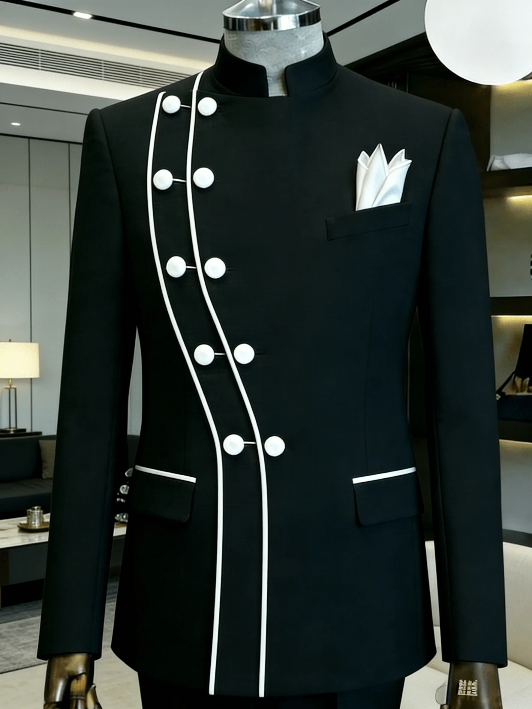 Men's Business Stand Collar Asymmetrical Double Breasted Long Sleeve Blazer
Men's Business Stand Collar Asymmetrical Double Breasted Long Sleeve Blazer