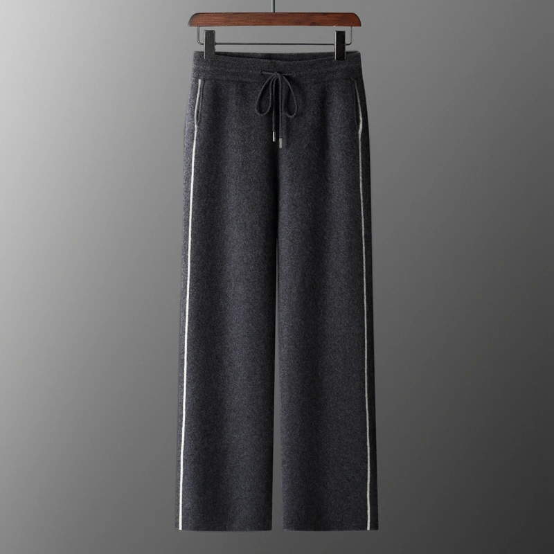 Жаккардовые утолщенные брюки из 100% чистого кашемира, мужские трикотажные прямые брюки с высокой талией, широкие брюки с цветными блоками и шнурком
Жаккардовые утолщенные брюки из 100% чистого кашемира, мужские трикотажные прямые брюки с высокой талией, широкие брюки с цветными блоками и шнурком