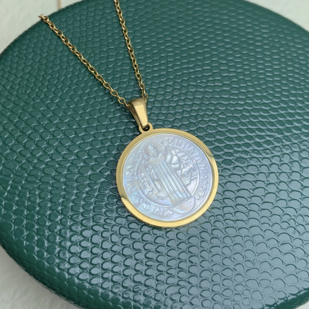 Holy Saint Benedict Necklace Women Stainless Steel Jewelry Religious Natural Sea Shell Round Medal Pendant Neck For Female
Holy Saint Benedict Necklace Women Stainless Steel Jewelry Religious Natural Sea Shell Round Medal Pendant Neck For Female