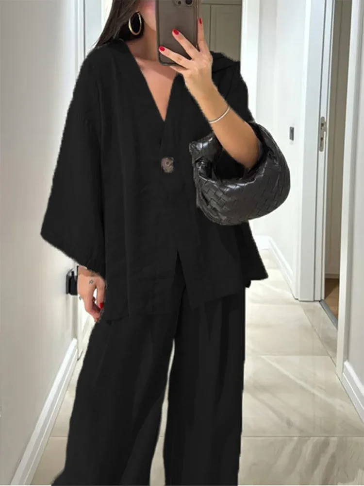 Solid Casual Cotton Linen Loose Shirt Pant Set Women Fashion Single Breasted Blouses Wide Leg Pant Suit Lady 2026 Spring
Solid Casual Cotton Linen Loose Shirt Pant Set Women Fashion Single Breasted Blouses Wide Leg Pant Suit Lady 2026 Spring