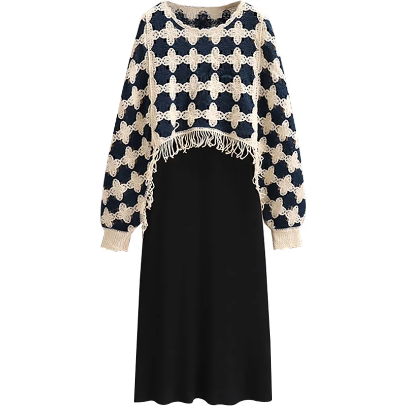 Autumn Winter Elegant Knit Two-piece Set For Women 2023 Tassel Sweater Tops And Sling Dresses Large Size Female Loose Black Suit
Autumn Winter Elegant Knit Two-piece Set For Women 2023 Tassel Sweater Tops And Sling Dresses Large Size Female Loose Black Suit