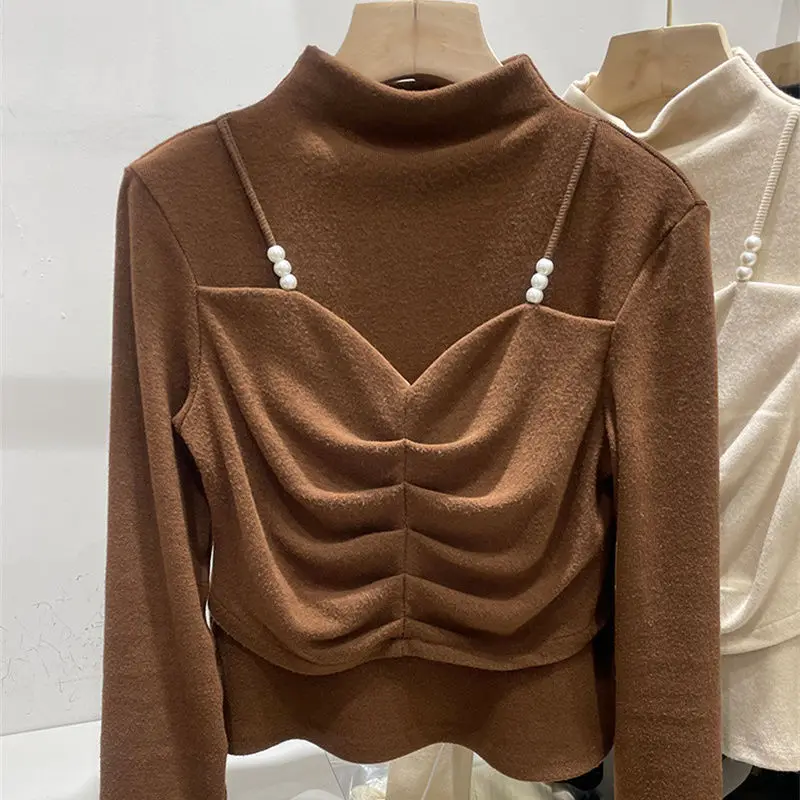 England Spliced Fake Two Pieces Ruched Solid Color Half High Collar Long Sleeve T-shirts Women's Winter New Pullover Bottom Tops
England Spliced Fake Two Pieces Ruched Solid Color Half High Collar Long Sleeve T-shirts Women's Winter New Pullover Bottom Tops