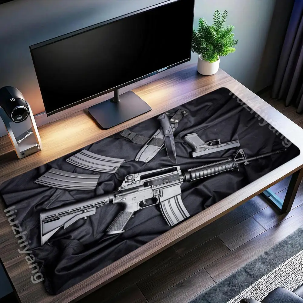 Коврик для мыши на тему пистолета, крутой большой коврик для компьютерной офисной игры, настольный коврик XXL, резиновый противоскользящий коврик с прошитыми краями, коврики для клавиатуры ПК, длинные настольные коврики