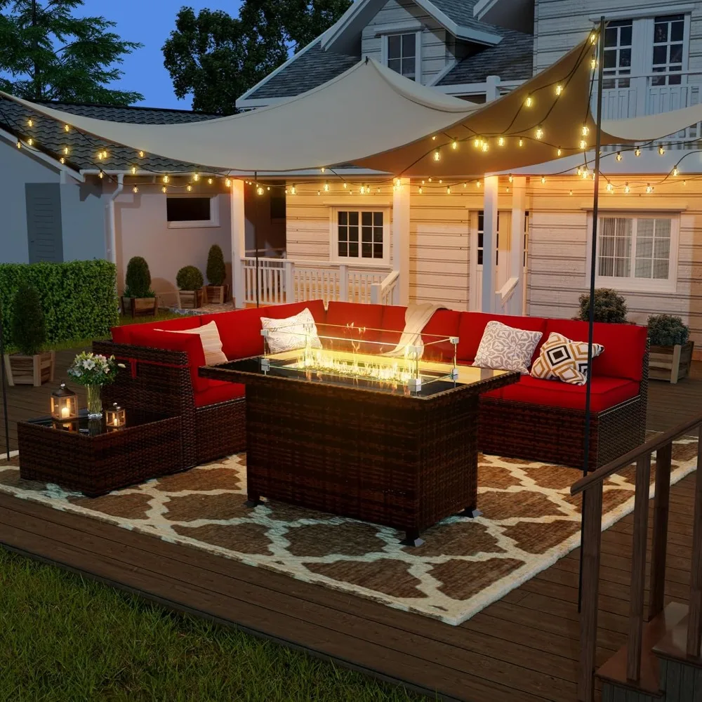 8 Pieces Patio Furniture Set with Glass Top Fire Pit Table, Outdoor Furniture Sectional Rattan Sofa with Slanted Back
8 Pieces Patio Furniture Set with Glass Top Fire Pit Table, Outdoor Furniture Sectional Rattan Sofa with Slanted Back