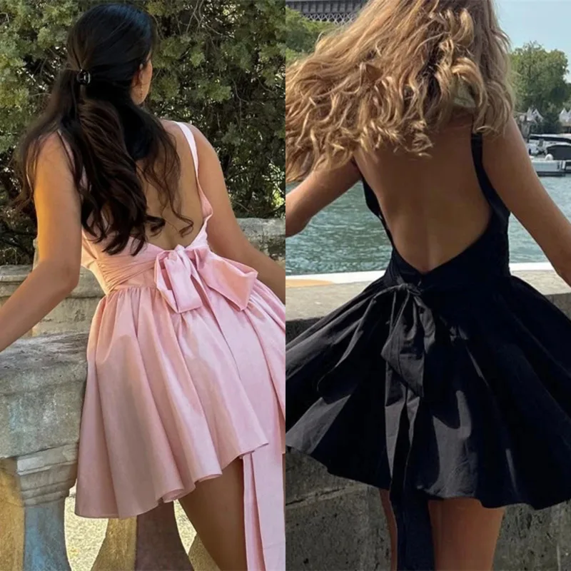 Elegant Open-Back Bow Dress French Solid Color Strappy Mini Dress Summer Sleeveless Tie-Waist Bodycon Dress Women's Party Dress
Elegant Open-Back Bow Dress French Solid Color Strappy Mini Dress Summer Sleeveless Tie-Waist Bodycon Dress Women's Party Dress