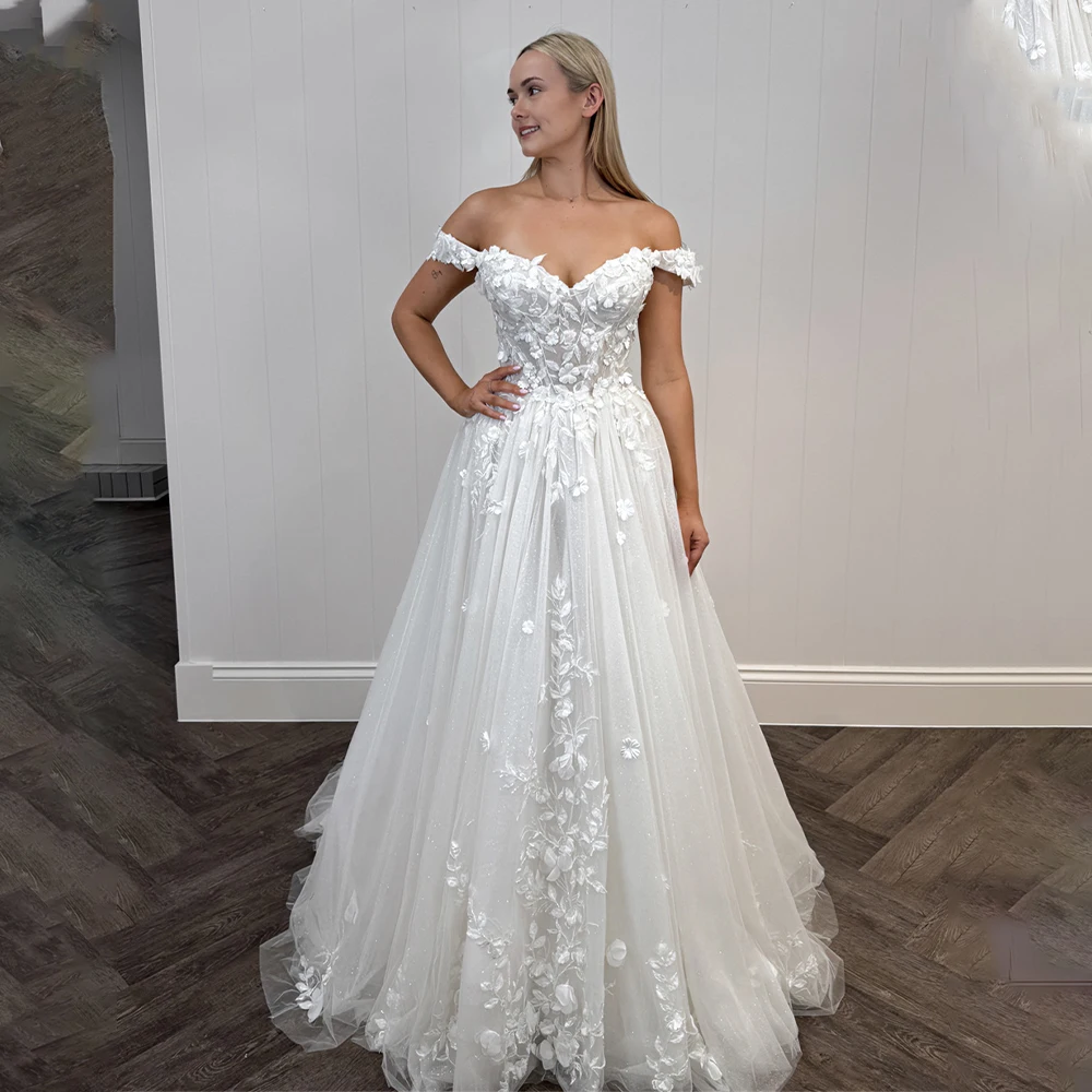 Popular Off The Shoulder Sweetheart Lace Applique A Line Wedding Dresses Sweep Train Custom Made 2025 Vestido De Noival
Popular Off The Shoulder Sweetheart Lace Applique A Line Wedding Dresses Sweep Train Custom Made 2025 Vestido De Noival
