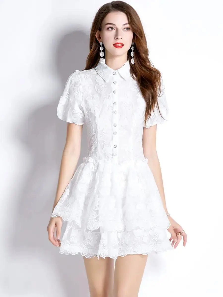 Women Puff Sleeve High Waist Cascading Ruffles Mini Dress Summer Elegant Sweet Pure White Lace Mesh Embroidery Party Vestidos
Women Puff Sleeve High Waist Cascading Ruffles Mini Dress Summer Elegant Sweet Pure White Lace Mesh Embroidery Party Vestidos