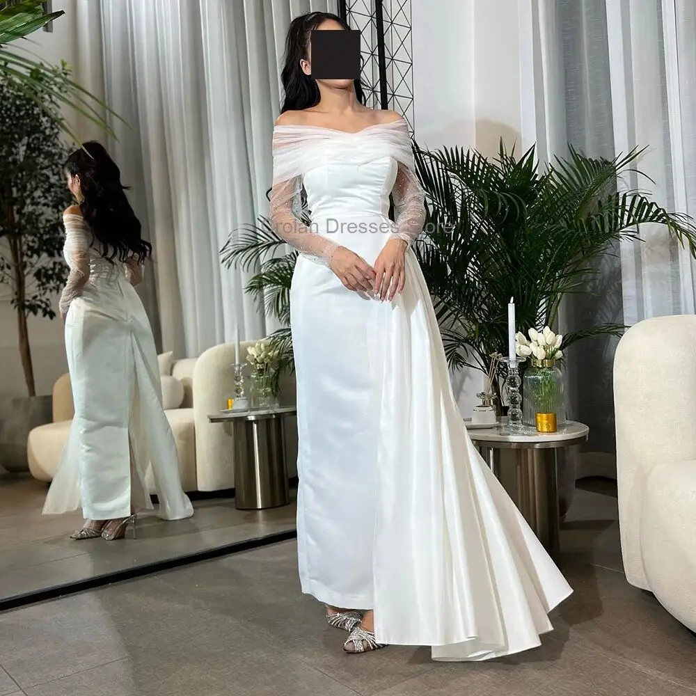Saudi Arabia White Sain Off the SHoulder Evening Dress Formal Occasion Dress Illusion Long Sleeves with Crystal Prom Gowns 2024
Saudi Arabia White Sain Off the SHoulder Evening Dress Formal Occasion Dress Illusion Long Sleeves with Crystal Prom Gowns 2024