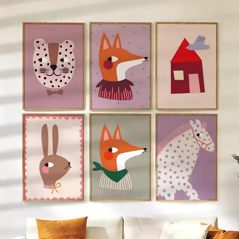 Cat Fox Dog Horse Bunny Red Polka Dots Poster Wall Stickers Painting Self Adhesive Art Decals for Bedroom Living Room Home Decor