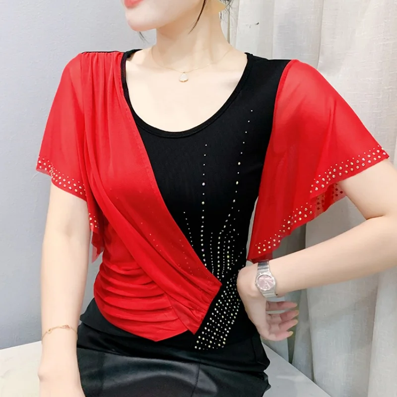 2025 Summer New Mesh Contrasting Color Splicing Ruffle T-Shirt Fashion Hot Diamond Short Sleeved Women's Top Clothing
2025 Summer New Mesh Contrasting Color Splicing Ruffle T-Shirt Fashion Hot Diamond Short Sleeved Women's Top Clothing