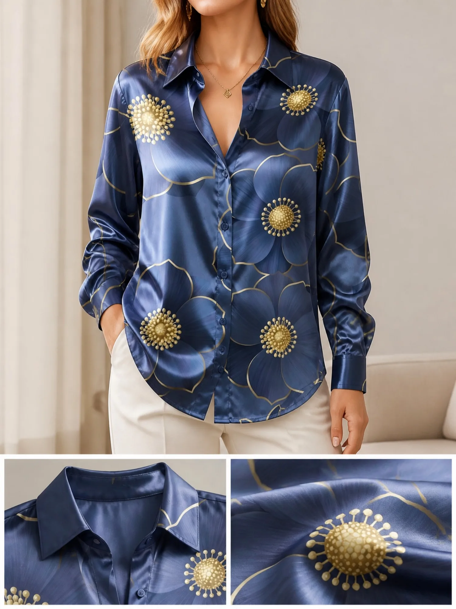 Navy Blue Oversize Floral Satin Blouse for Women Long Sleeve Button Down Shirt Office Party Elegant Silky Top New Chic Style Fit
Navy Blue Oversize Floral Satin Blouse for Women Long Sleeve Button Down Shirt Office Party Elegant Silky Top New Chic Style Fit