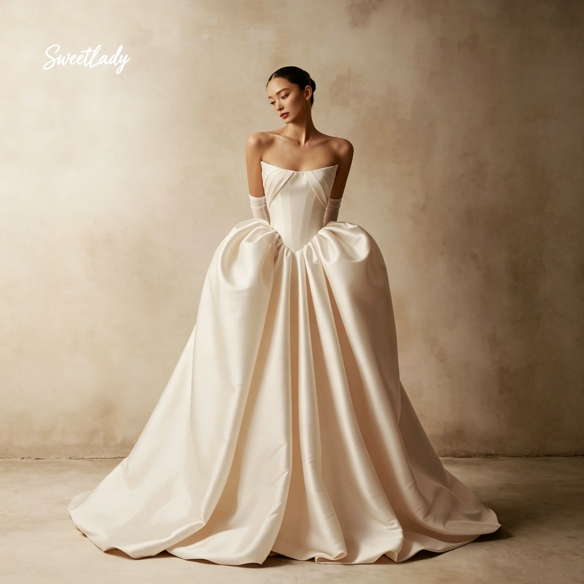 SweetLady Strapless Satin Wedding Dress Structured Corset Ball Gown Puffy Skirt Vintage Bridal Gown With Long Gloves
SweetLady Strapless Satin Wedding Dress Structured Corset Ball Gown Puffy Skirt Vintage Bridal Gown With Long Gloves
