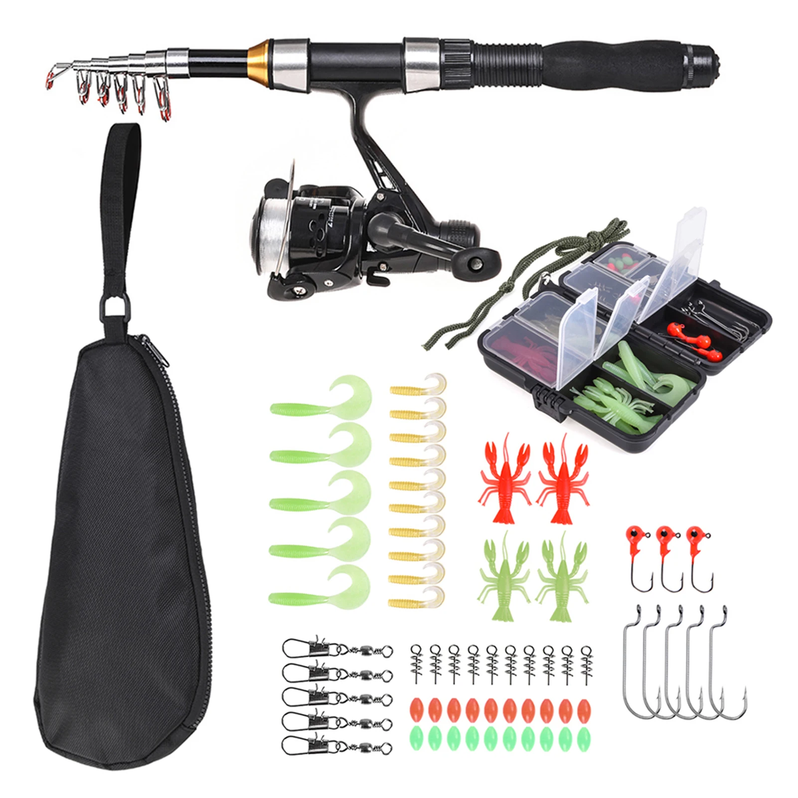 Fishing Rod Reel Combo Full Kit 1.5m Telescopic Fishing Rod Spinning Reel Set with Hooks Soft Lures Barrel Swivels Storage Bag
Fishing Rod Reel Combo Full Kit 1.5m Telescopic Fishing Rod Spinning Reel Set with Hooks Soft Lures Barrel Swivels Storage Bag