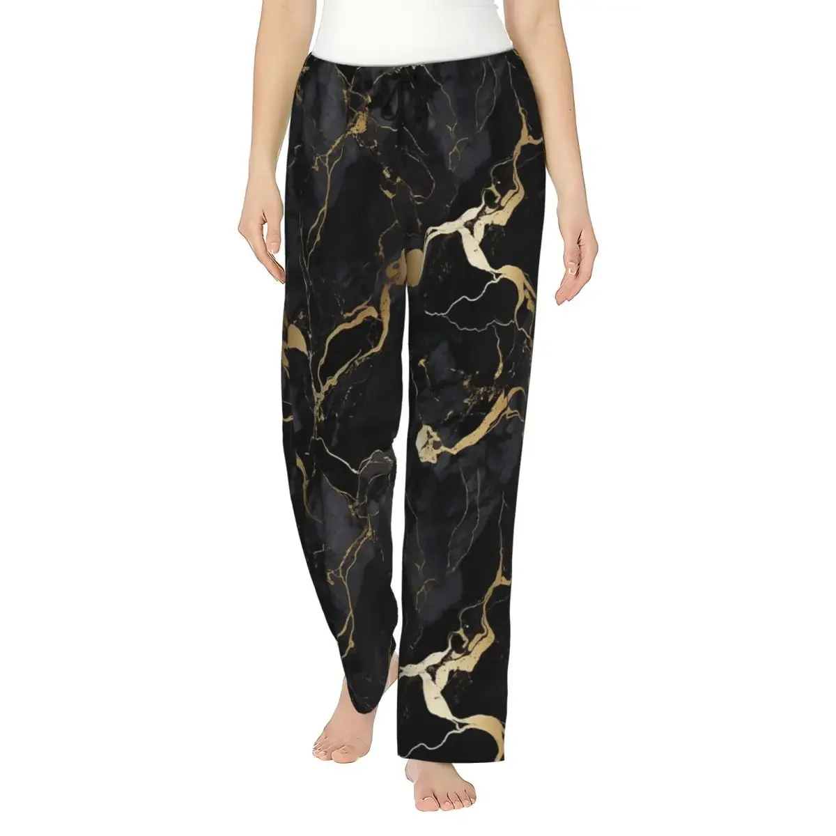 Классические черные и золотистые женские пижамные брюки из мраморной ткани с карманами для отдыха и сна
Классические черные и золотистые женские пижамные брюки из мраморной ткани с карманами для отдыха и сна