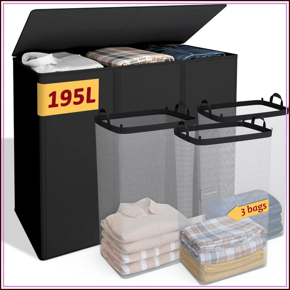 195L 3 Section Laundry Hamper with Lid, Large Collapsible Laundry Sorter with 3 Inner Bags for Bedroom
195L 3 Section Laundry Hamper with Lid, Large Collapsible Laundry Sorter with 3 Inner Bags for Bedroom