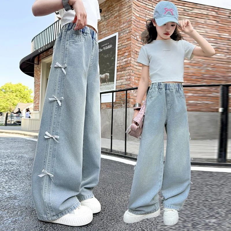 Teenager Girls Summer Loose Straight Jeans with Bow Side for Tweens Kids Casual Denim Pants Fashion Children Retro Blue Trousers
Teenager Girls Summer Loose Straight Jeans with Bow Side for Tweens Kids Casual Denim Pants Fashion Children Retro Blue Trousers