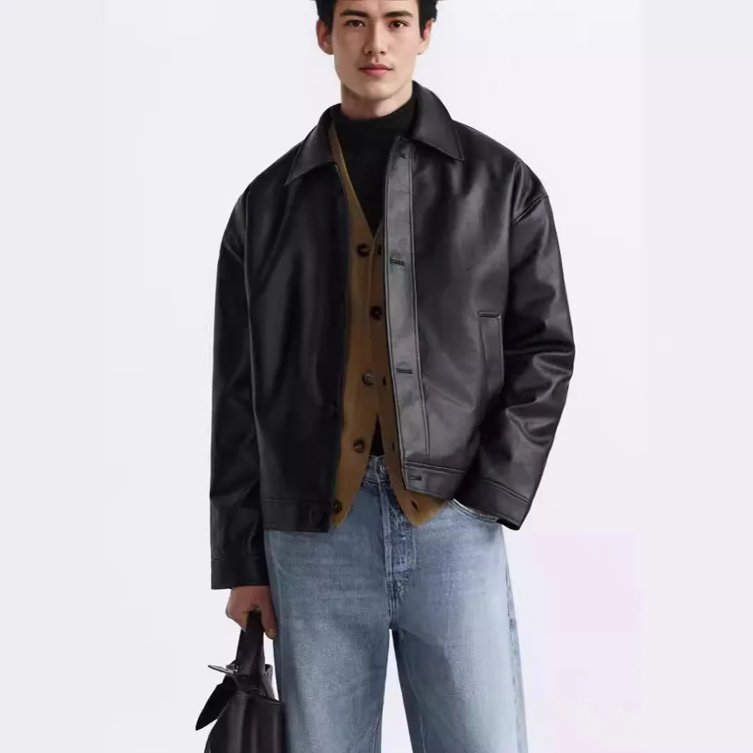 Men's Spring and Autumn New Fashion Casual Imitation Leather Lapel Jacket, Solid Color Single Breasted Loose PU Leather Jacket
Men's Spring and Autumn New Fashion Casual Imitation Leather Lapel Jacket, Solid Color Single Breasted Loose PU Leather Jacket