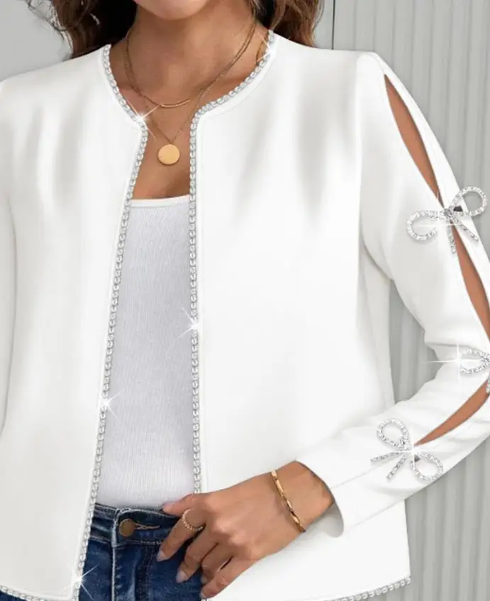 Women's Jacket New Rhinestone Bowknot Decor Open Front Rhinestone Trim Design Jacket Casual Hollow-Out Long Sleeve Crop Coat
Women's Jacket New Rhinestone Bowknot Decor Open Front Rhinestone Trim Design Jacket Casual Hollow-Out Long Sleeve Crop Coat