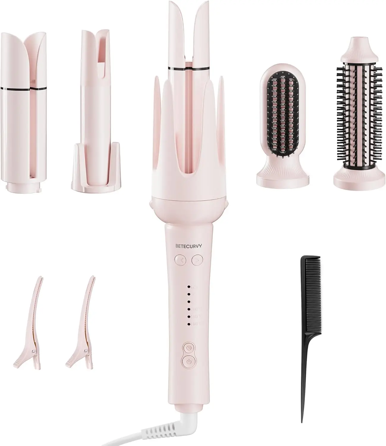 5-in-1 Automatic Hair Curler Set with Interchangeable Barrels, Straightening Brush, Volumizing Brush, Dual Voltage
5-in-1 Automatic Hair Curler Set with Interchangeable Barrels, Straightening Brush, Volumizing Brush, Dual Voltage