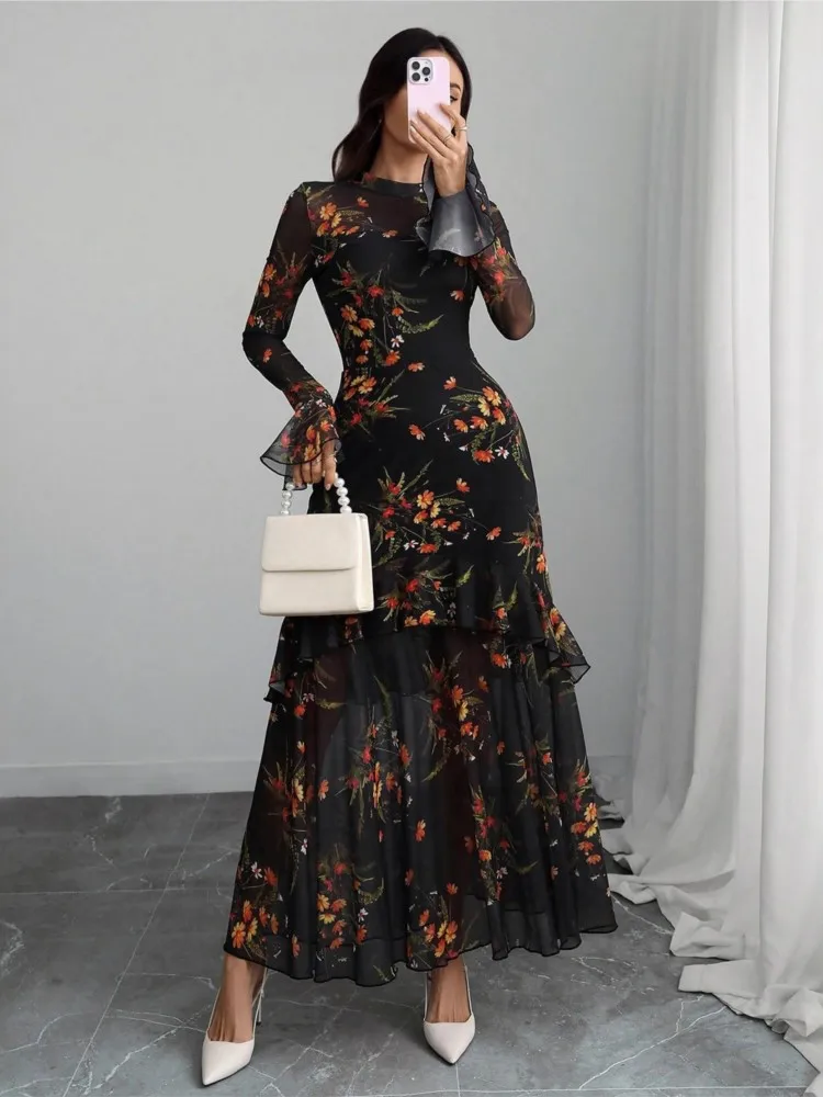 Woman's Beautiful Lotus Sleeve Long Dress Fashion Floral Print O-neck High Waist A-line Robe Spring Autumn Lady Elegant Vestidos
Woman's Beautiful Lotus Sleeve Long Dress Fashion Floral Print O-neck High Waist A-line Robe Spring Autumn Lady Elegant Vestidos