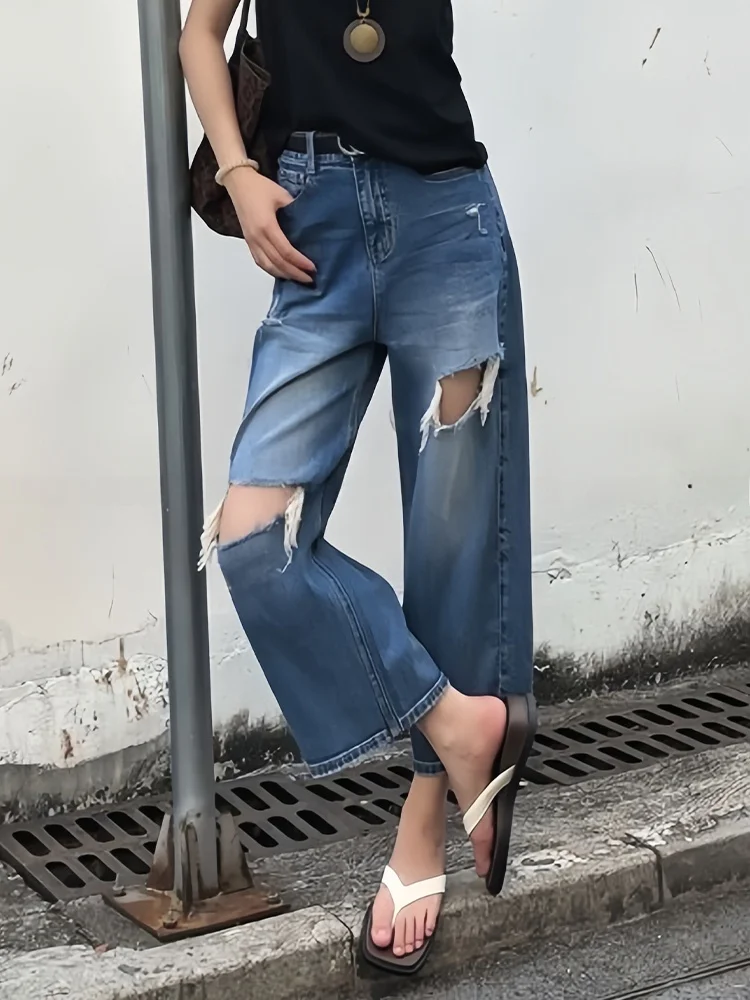 American Retro Hole Design Jeans Women Summer New Fashion Loose Slim Wide Leg Long Pants Distressed Natural Waist Denim
American Retro Hole Design Jeans Women Summer New Fashion Loose Slim Wide Leg Long Pants Distressed Natural Waist Denim