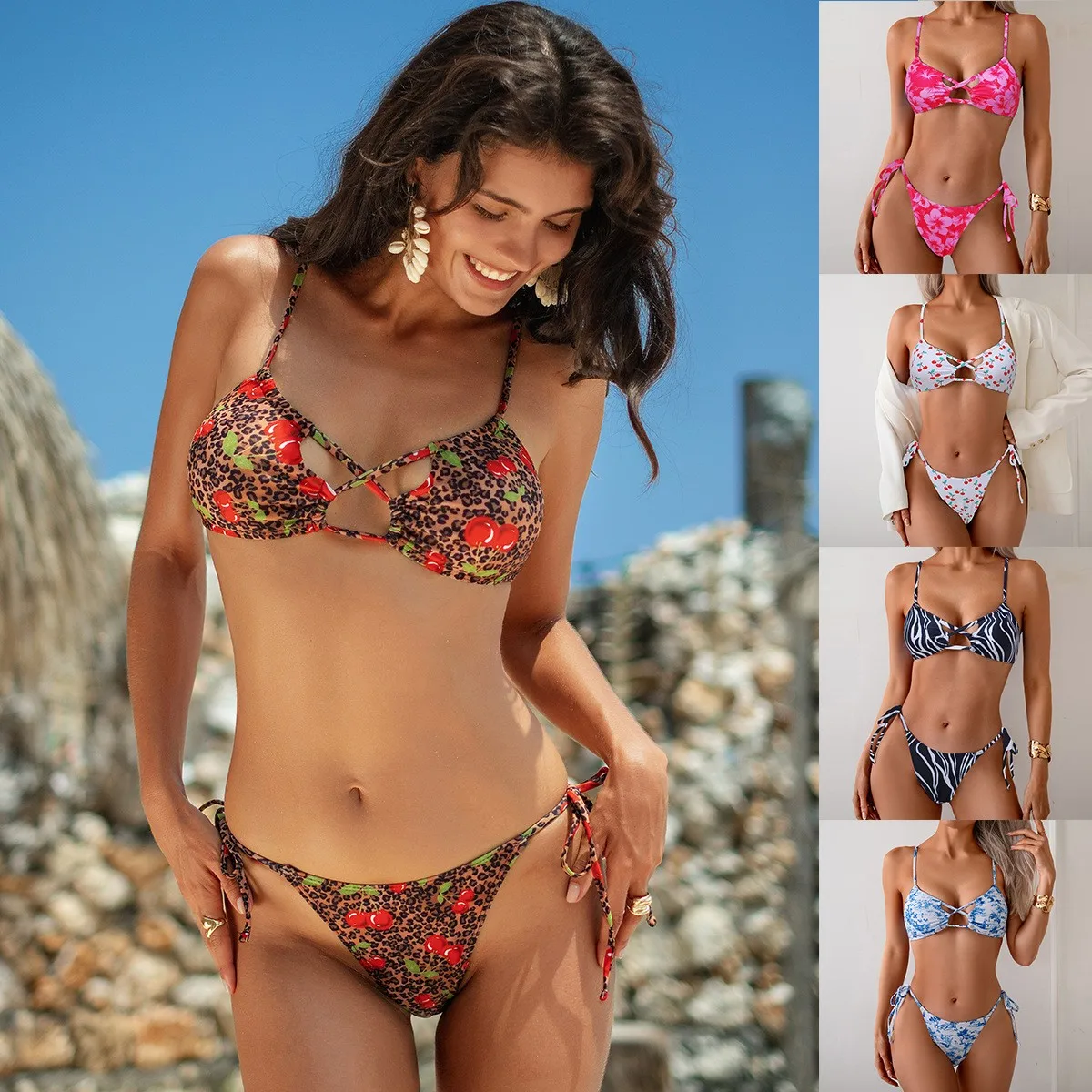 Cherry Print Bikini Crop Top Tie Side Bottom Cross Front Bikinis High Cut Swimsuit Floral Print Two Piece Swimming Beach Wear
Cherry Print Bikini Crop Top Tie Side Bottom Cross Front Bikinis High Cut Swimsuit Floral Print Two Piece Swimming Beach Wear