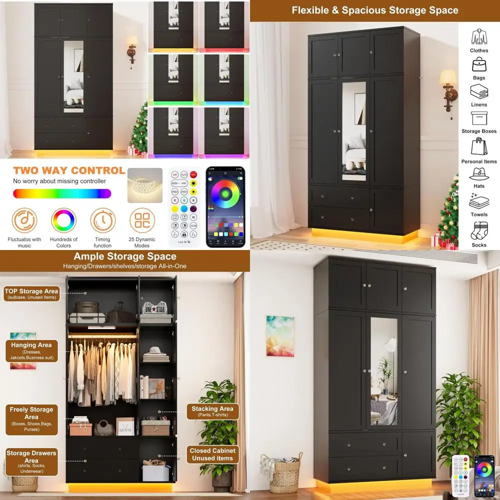 Large 92.2 Tall Mirrored Armoire with Motion Sensor Light, 2 Drawers, Hanging Rod, Adjustable LED Strip, Anti-Tipping Wooden Bed
Large 92.2 Tall Mirrored Armoire with Motion Sensor Light, 2 Drawers, Hanging Rod, Adjustable LED Strip, Anti-Tipping Wooden Bed