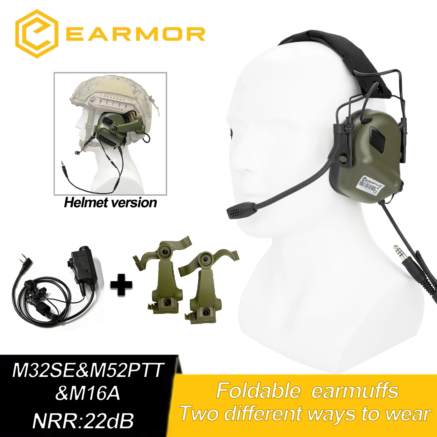 EARMOR M32 SE &M52 PTT Tactical Headset Hunting Shooting Noise Cancelling Headphones Fit for Brackets M16A Helmet
EARMOR M32 SE &M52 PTT Tactical Headset Hunting Shooting Noise Cancelling Headphones Fit for Brackets M16A Helmet