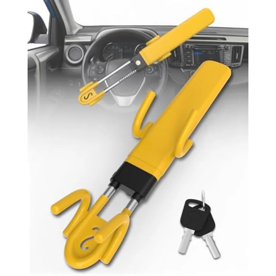 Steering Wheel Lock Heavy Duty Anti-Theft Car Lock with Dual Hook Adjustable Bar, High-Visibility Yellow Rubber Coating with Re
Steering Wheel Lock Heavy Duty Anti-Theft Car Lock with Dual Hook Adjustable Bar, High-Visibility Yellow Rubber Coating with Re