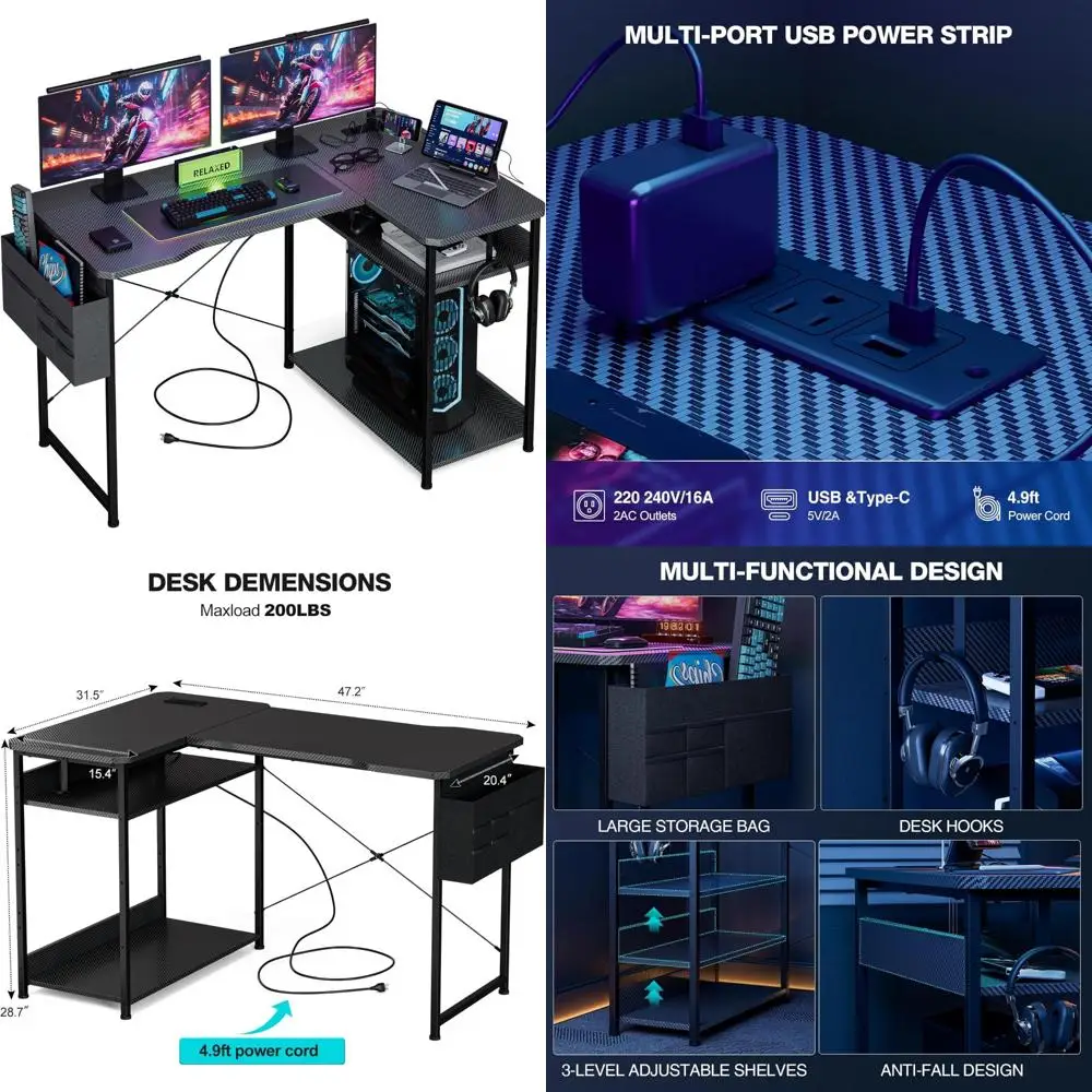 L-Shaped 48 Inch Gaming Desk with Power Outlets, Reversible Shelves, and Storage Solutions for PC Corner Desks
L-Shaped 48 Inch Gaming Desk with Power Outlets, Reversible Shelves, and Storage Solutions for PC Corner Desks