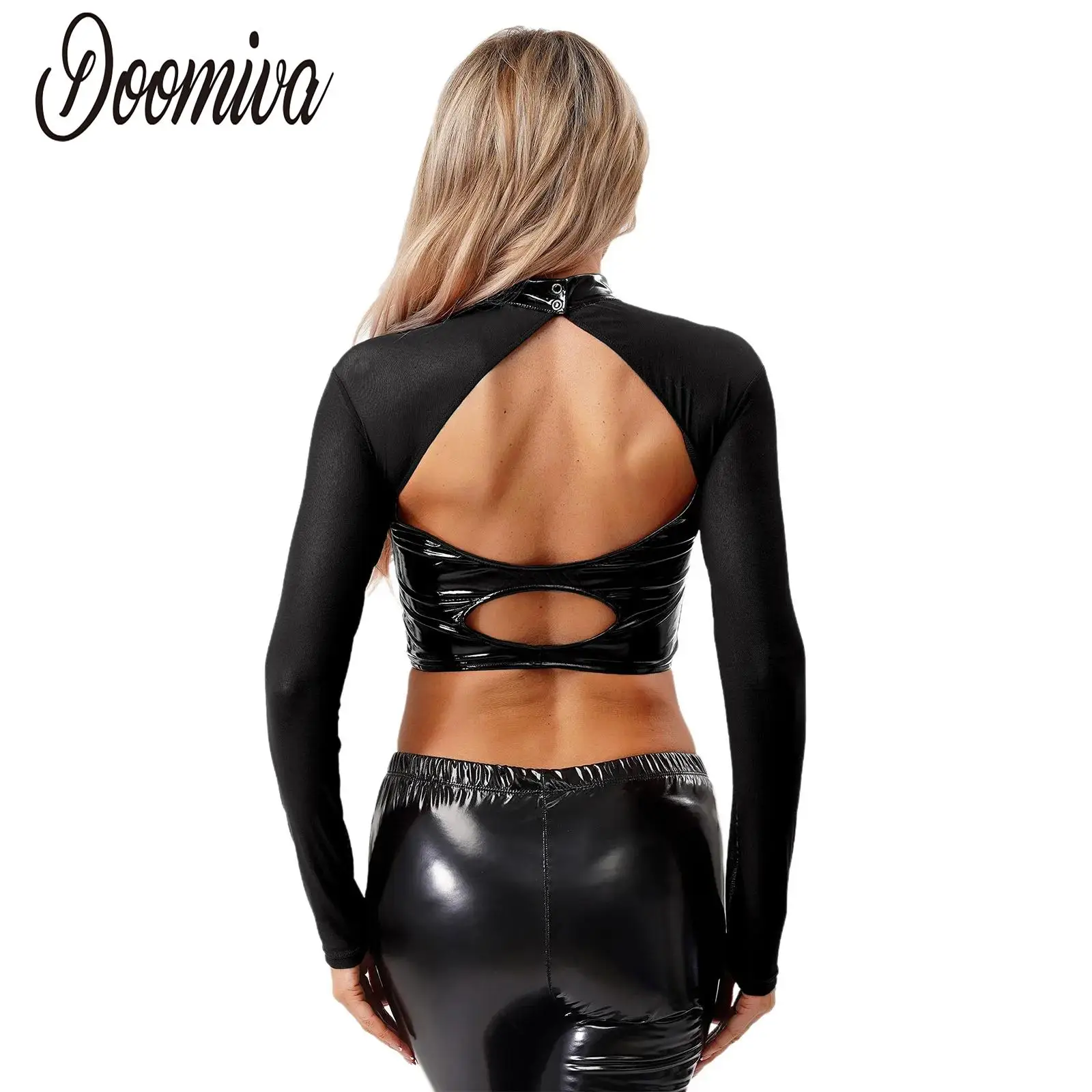 Wet Look Women Mesh Patchwork PU Leather Crop Top Pole Dance Nightclub Long Sleeve Hollow Out Shirt for Clubwear Raves Party
Wet Look Women Mesh Patchwork PU Leather Crop Top Pole Dance Nightclub Long Sleeve Hollow Out Shirt for Clubwear Raves Party
