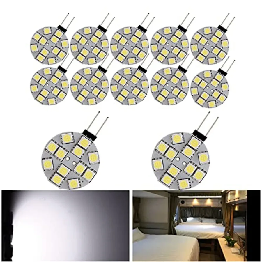 12-Pack G4 Puck Lights LED Bulbs Side Pin Base Round G4 5050 12SMD LED RV Camper Light Bulb Home Reading Light Marine Lamps DC
12-Pack G4 Puck Lights LED Bulbs Side Pin Base Round G4 5050 12SMD LED RV Camper Light Bulb Home Reading Light Marine Lamps DC
