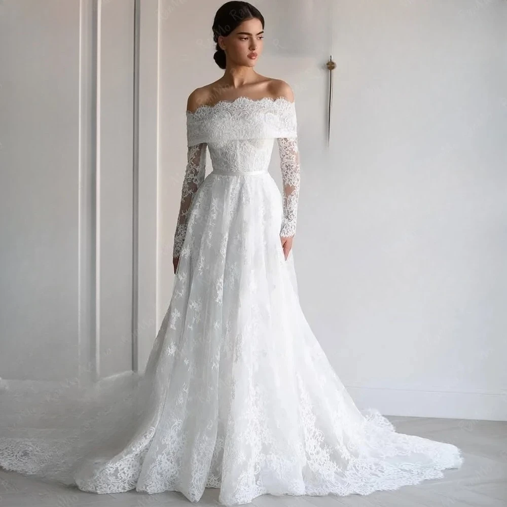 Exquisite A-line Wedding Dress Luxury Off Shoulder Bridal Gown Lace Long Sleeve Customized Vestidos De Novia Sweep Train
Exquisite A-line Wedding Dress Luxury Off Shoulder Bridal Gown Lace Long Sleeve Customized Vestidos De Novia Sweep Train