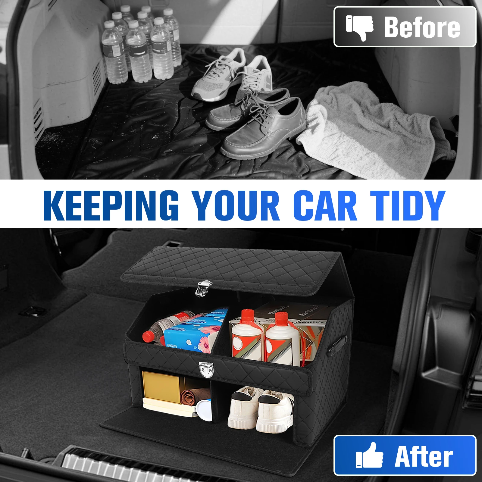 Double-Layer Car Trunk Organizer with Lid Storage Organizers Adjustable & Collapsible Car Caddy Organizer for SUV Auto Truck Van
Double-Layer Car Trunk Organizer with Lid Storage Organizers Adjustable & Collapsible Car Caddy Organizer for SUV Auto Truck Van