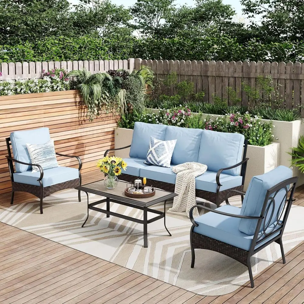 Upgraded Wicker & Metal Outdoor Patio Furniture Set with Waterproof Cushions for Porch, Poolside, Yard (4 Pieces, Blue)
Upgraded Wicker & Metal Outdoor Patio Furniture Set with Waterproof Cushions for Porch, Poolside, Yard (4 Pieces, Blue)