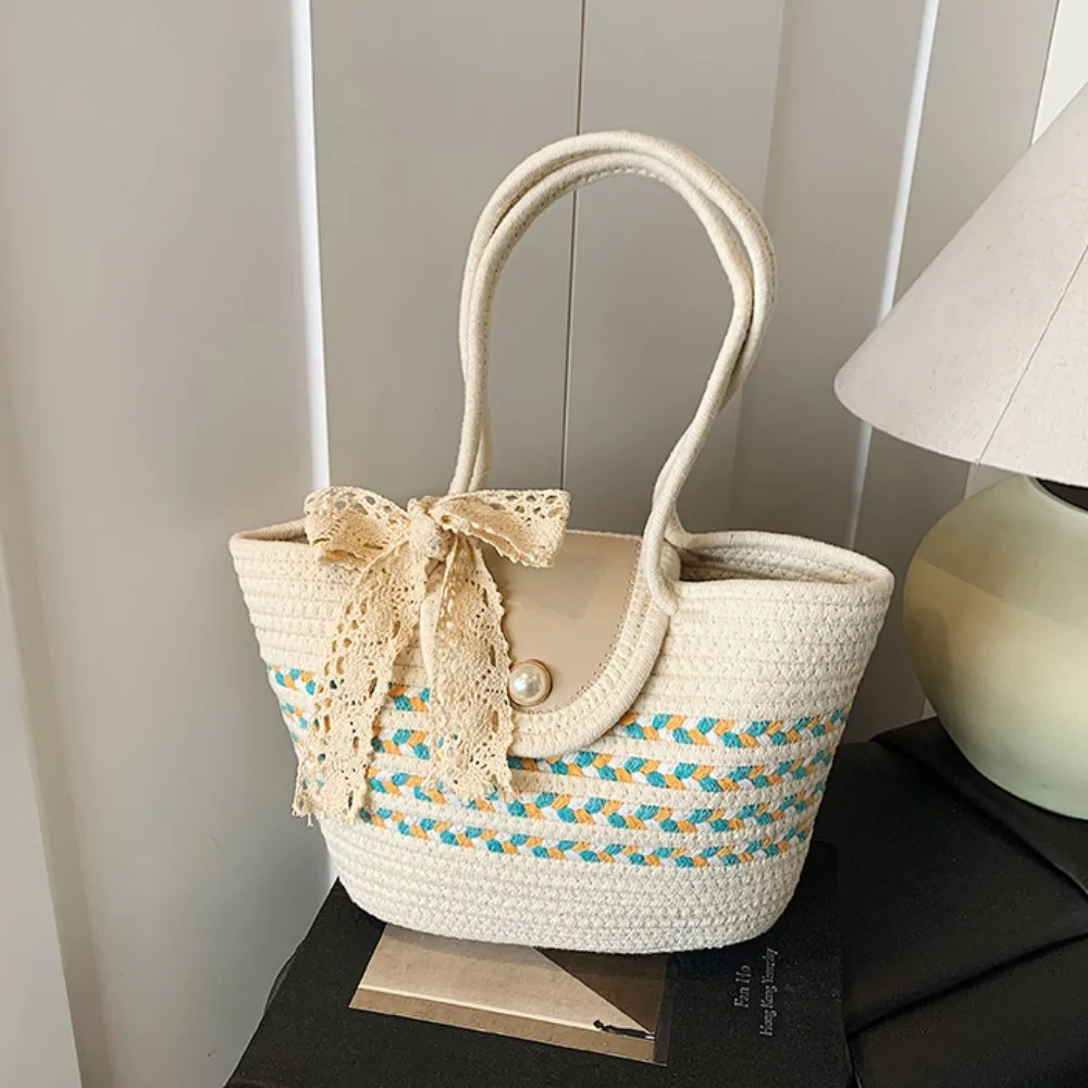 Casual Shoulder Bag Woven Tote Bag Korean Style Solid Color Stripe Tote Handbag with Ribbon Lightweight Summer Beach Bag Female
Casual Shoulder Bag Woven Tote Bag Korean Style Solid Color Stripe Tote Handbag with Ribbon Lightweight Summer Beach Bag Female
