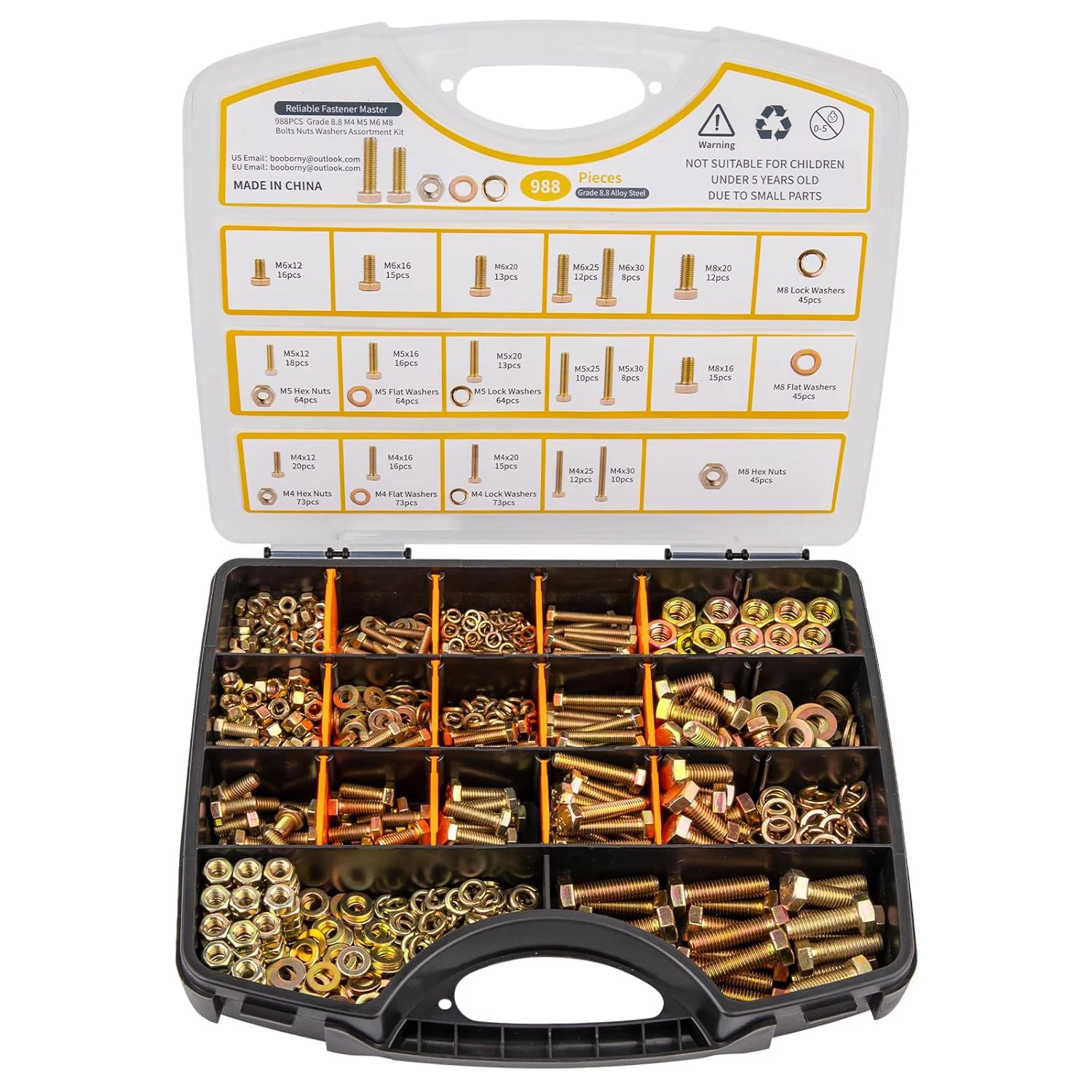 988pcs Grade 8.8 Metric Bolt Assortment, M4 M5 M6 M8 Heavy Duty Bolts and Nuts Kit, Yellow Zinc Plated, Length from 12-30mm
988pcs Grade 8.8 Metric Bolt Assortment, M4 M5 M6 M8 Heavy Duty Bolts and Nuts Kit, Yellow Zinc Plated, Length from 12-30mm