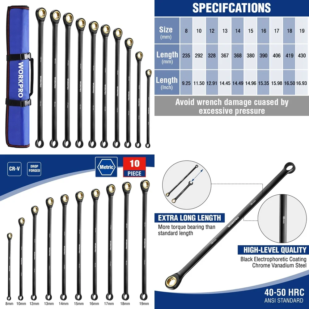 Hand Tool Sets10 Piece Extra Long Ratcheting Wrench Set 8 to 19mm Metric Combination Tool
Hand Tool Sets10 Piece Extra Long Ratcheting Wrench Set 8 to 19mm Metric Combination Tool