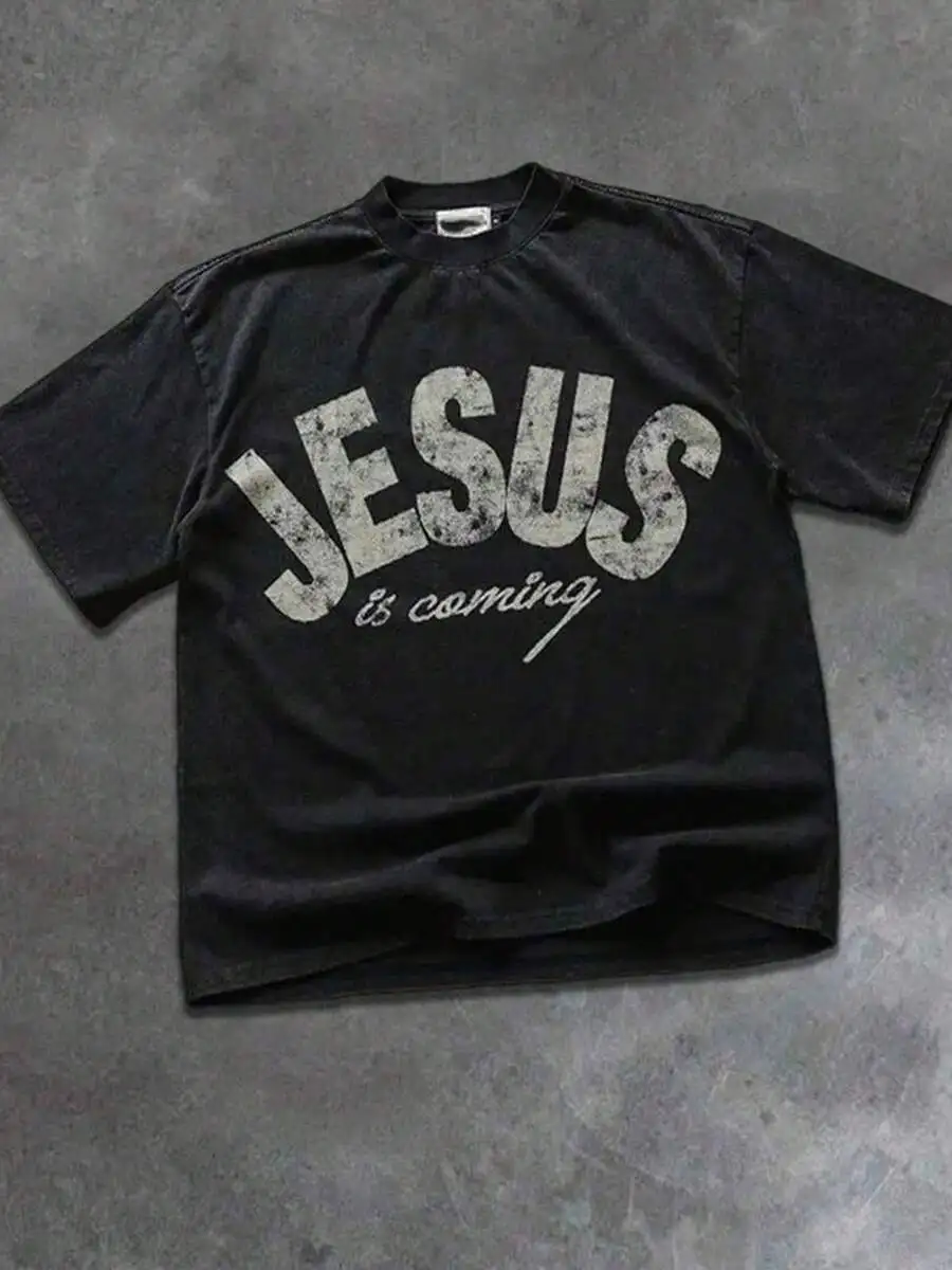 Mens Round Neck Short Sleeve Cotton T-Shirt With Faded Jesus Is Coming Print
Mens Round Neck Short Sleeve Cotton T-Shirt With Faded Jesus Is Coming Print