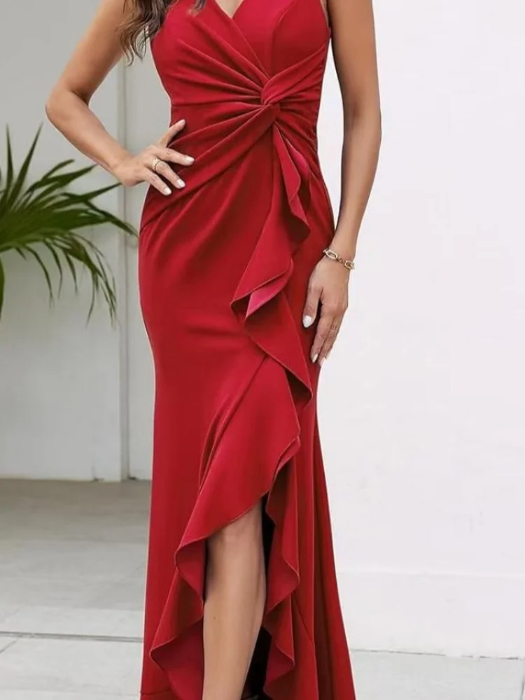 Sister Star Women's Fashion V-neck Sleeveless Slim Temperament Elegant Ruffle Split Long Eye-catching Evening Dresses
Sister Star Women's Fashion V-neck Sleeveless Slim Temperament Elegant Ruffle Split Long Eye-catching Evening Dresses