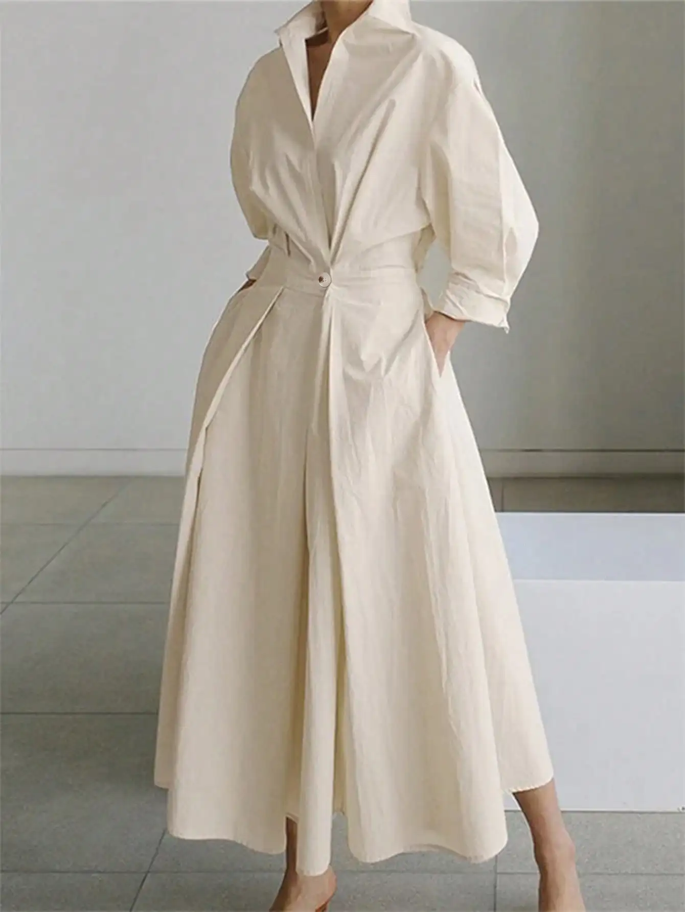 Women's leisure elegant long dress long fashionable loose shirt knee length: rolled up sleeves design A-line hem,
Women's leisure elegant long dress long fashionable loose shirt knee length: rolled up sleeves design A-line hem,