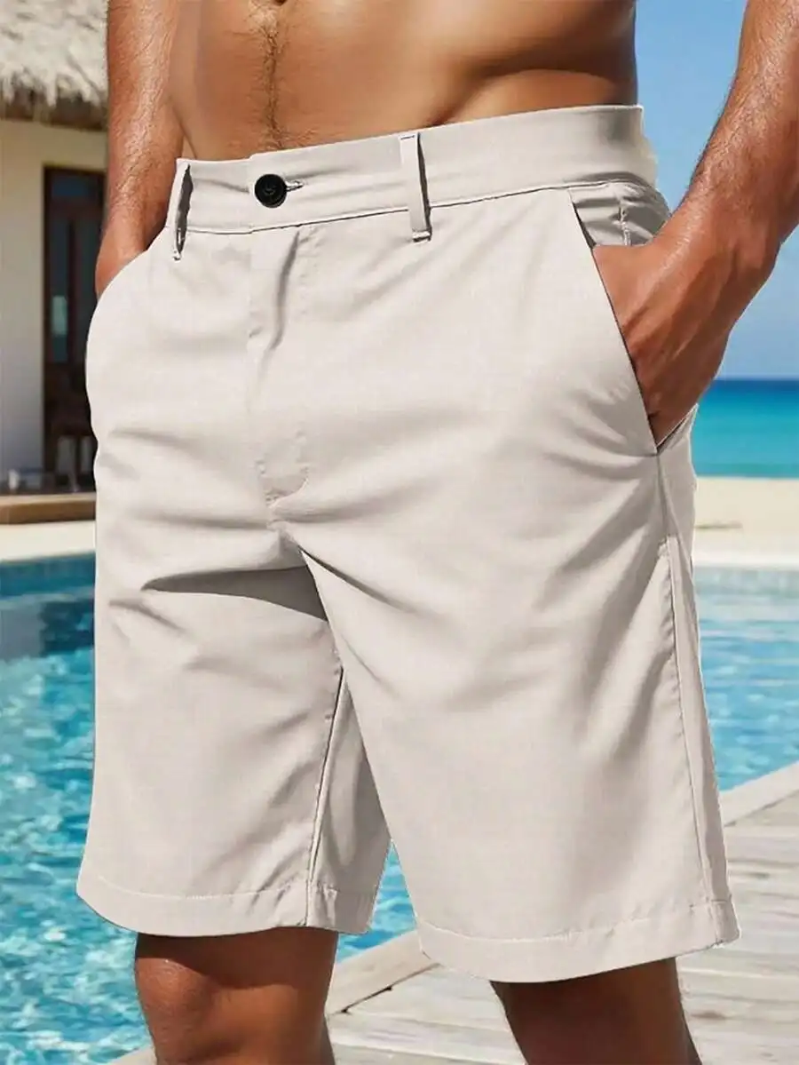 Light Beige Mens Knee-Length Linen Shorts With Slant Pockets And Button Closure For Summer Casual Wear
Light Beige Mens Knee-Length Linen Shorts With Slant Pockets And Button Closure For Summer Casual Wear