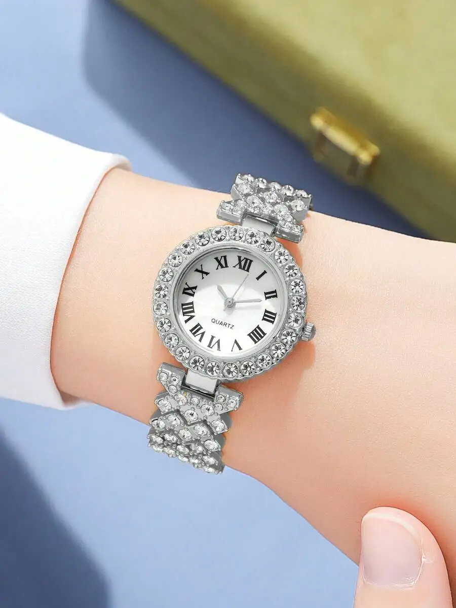 Silver-Toned Alloy Rhinestone Bezel Quartz Watch With Steel Strap For Women
Silver-Toned Alloy Rhinestone Bezel Quartz Watch With Steel Strap For Women