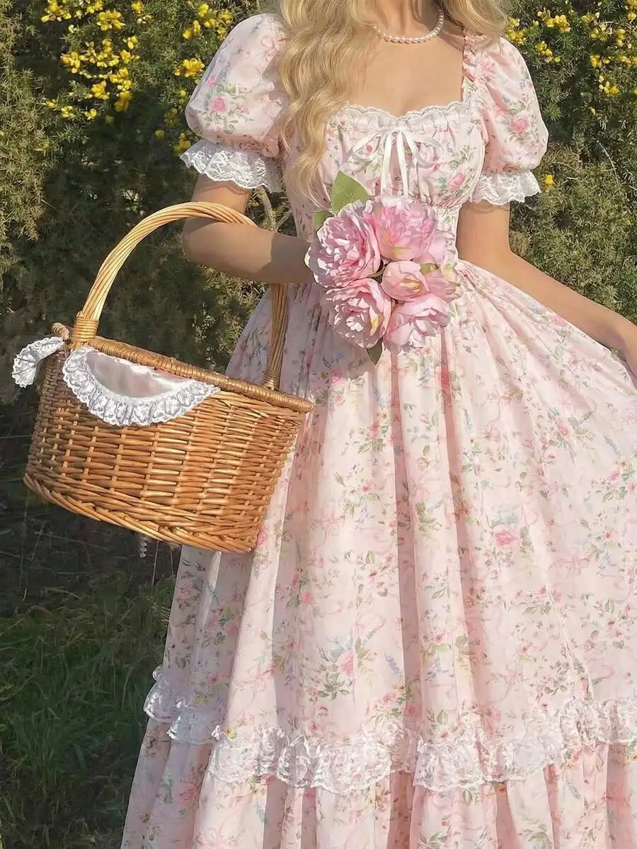 Pink Floral Lace Ruffle Puff Sleeve Maxi Dress For Women Spring Summer Cottagecore Tea Party Dress
Pink Floral Lace Ruffle Puff Sleeve Maxi Dress For Women Spring Summer Cottagecore Tea Party Dress
