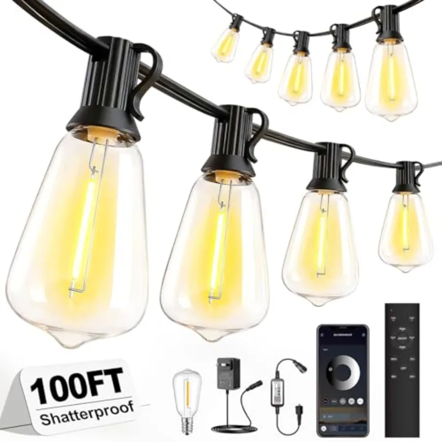 Outdoor String Lights 100Feet APP and Remote Control Dimmable Patio Lights Plug in LED String Lights with Timer Waterproof Back
Outdoor String Lights 100Feet APP and Remote Control Dimmable Patio Lights Plug in LED String Lights with Timer Waterproof Back