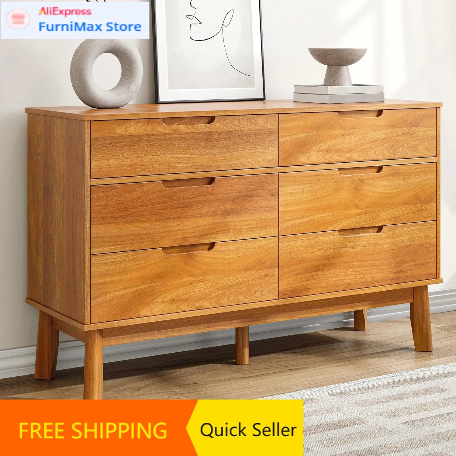 47" Wide Wooden Dresser for Bedroom, Mid-Century Modern 6 Drawer Double Dresser with Walnut Wood Grain, Large Horizontal Storage
47" Wide Wooden Dresser for Bedroom, Mid-Century Modern 6 Drawer Double Dresser with Walnut Wood Grain, Large Horizontal Storage