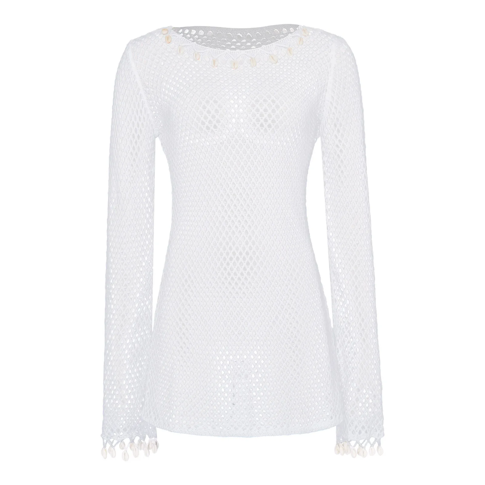 Womens Fishnet Cover Up Minidress Conch Shell Decor Cuffs Long Sleeve Hollow-out Knitted Dress Boho Cover-up Beachwear
Womens Fishnet Cover Up Minidress Conch Shell Decor Cuffs Long Sleeve Hollow-out Knitted Dress Boho Cover-up Beachwear