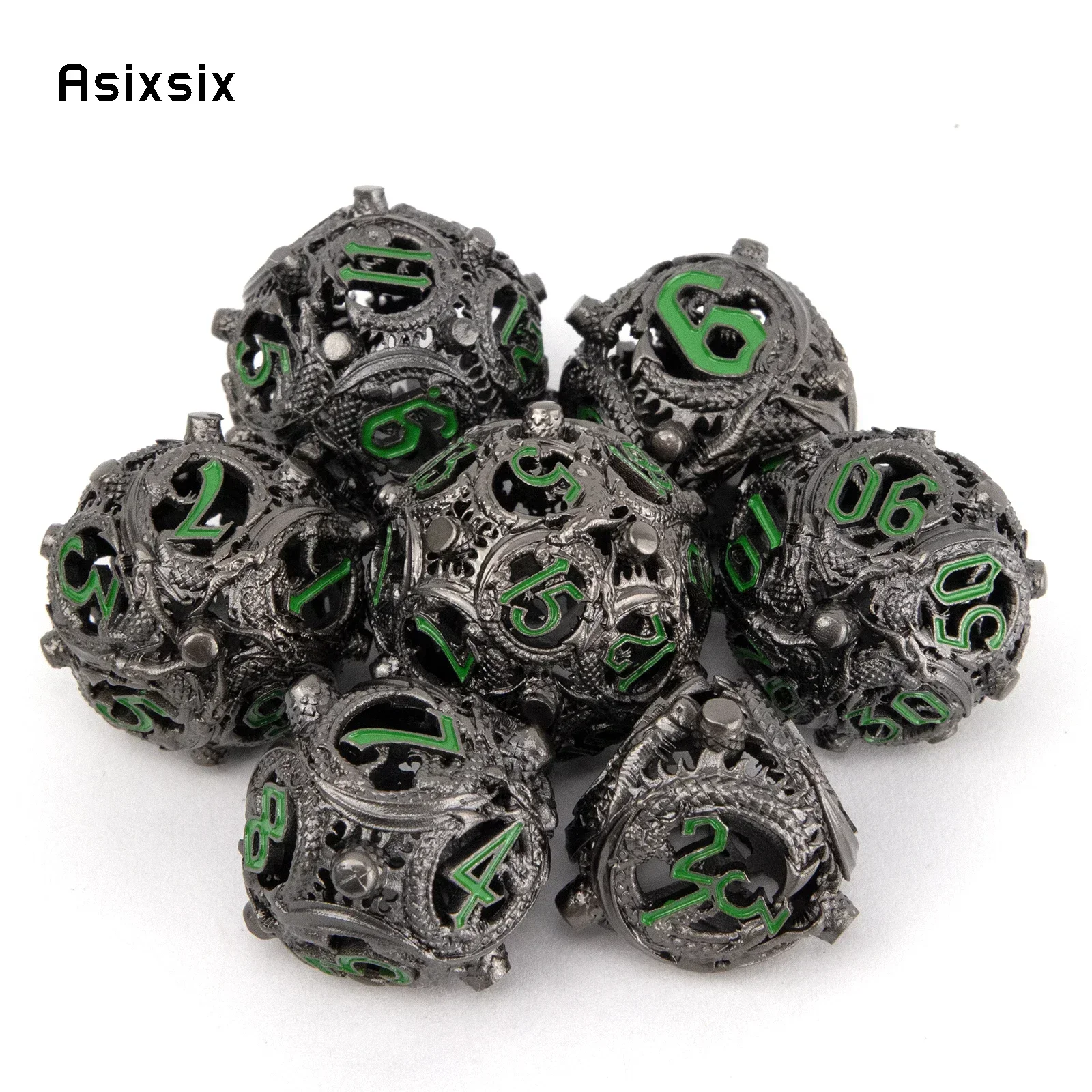 7 Pcs Silver Green Circular Dragon Metal Dice Hollow Metal Polyhedral Dice Suitable For Role-Playing Dice PropBoard Game Gift
7 Pcs Silver Green Circular Dragon Metal Dice Hollow Metal Polyhedral Dice Suitable For Role-Playing Dice PropBoard Game Gift