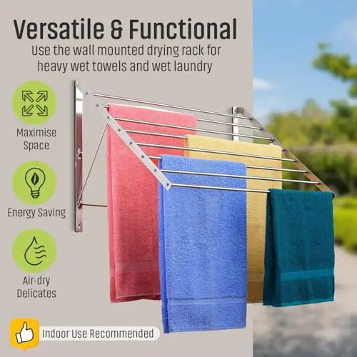 Compact Wall-Mounted Stainless Steel Drying Rack 30 Inch Wide 8 Smooth Rods 60 Lb Capacity For Towels And Laundry
Compact Wall-Mounted Stainless Steel Drying Rack 30 Inch Wide 8 Smooth Rods 60 Lb Capacity For Towels And Laundry